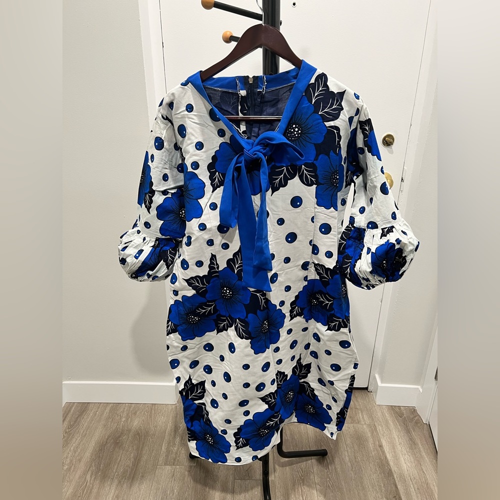 Nigerian Ankara blue floral print dress